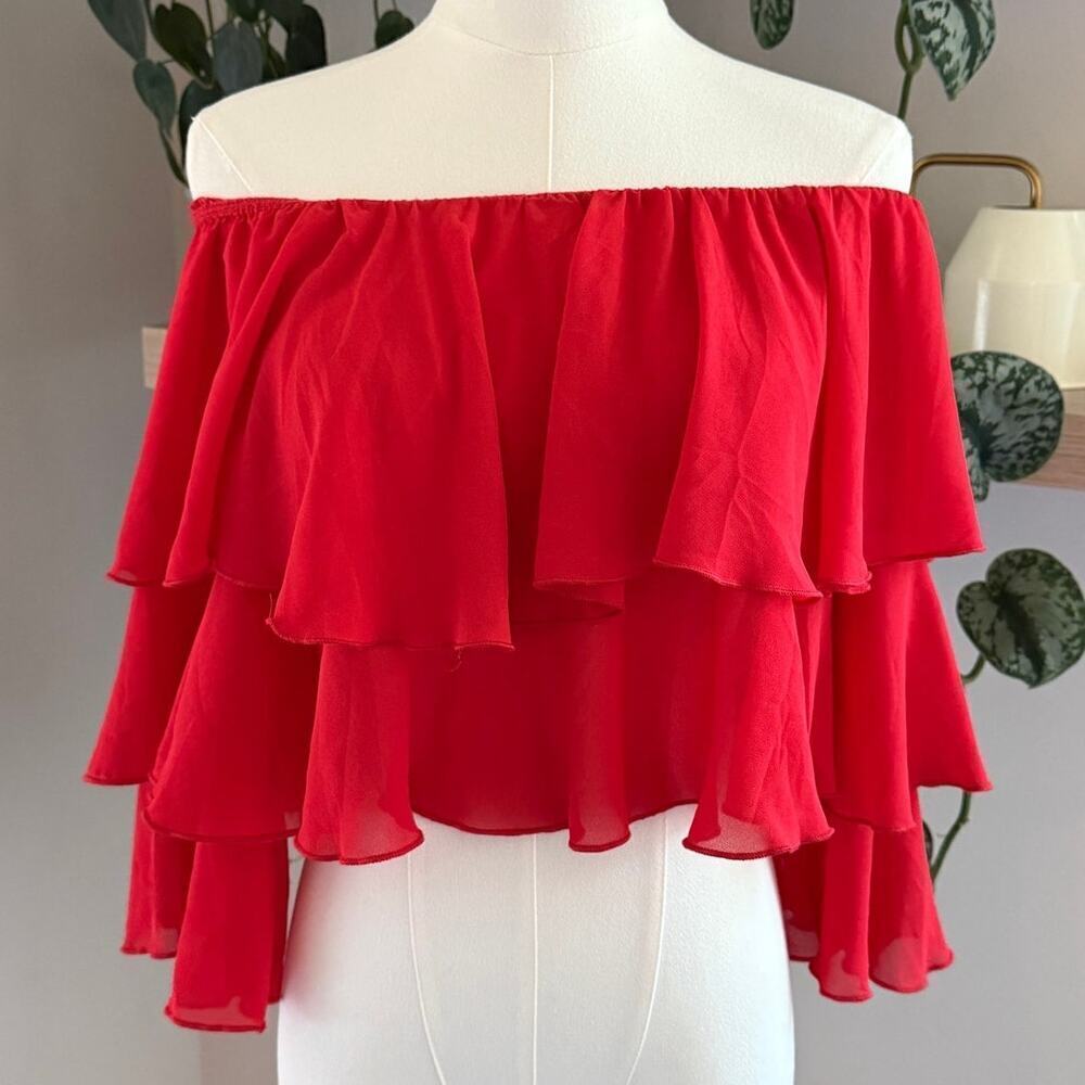 Show Me Your Mumu Copacabana Ruffle Crop Top Red XS Off Shoulder Boho Festival